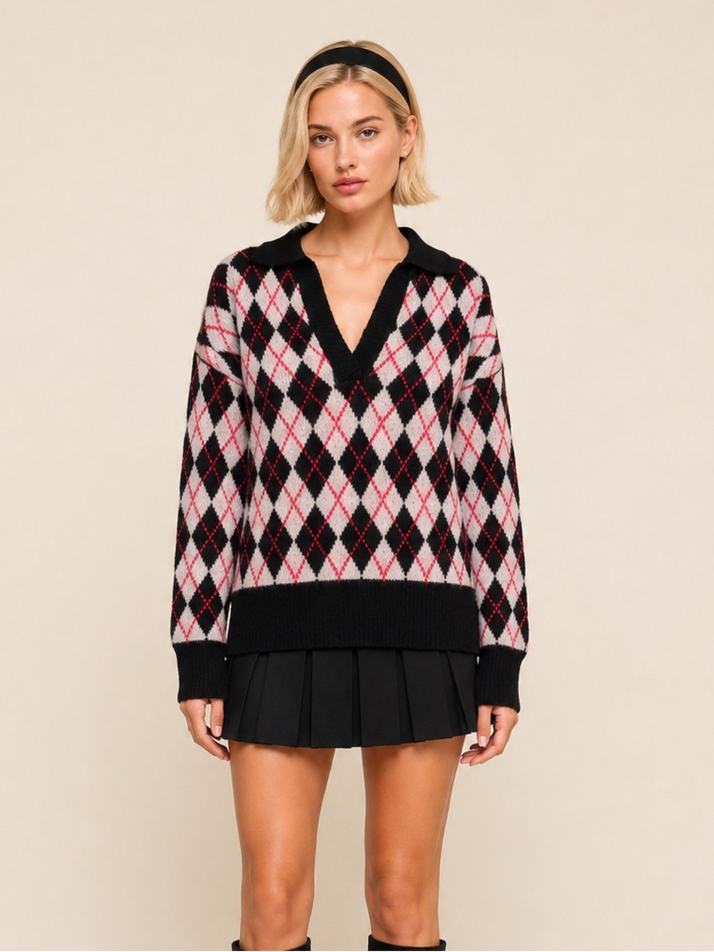 Favorite Daughter Wool Argyle V-Neck Collared Sweater Old Money Quiet Luxury